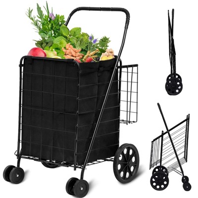 SKONYON Folding Shopping Cart with Swivel Wheels Jumbo Basket for Grocery Laundry Travel, Black