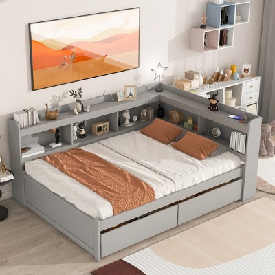 Full Size Bed with L-shaped Bookcases and Drawers