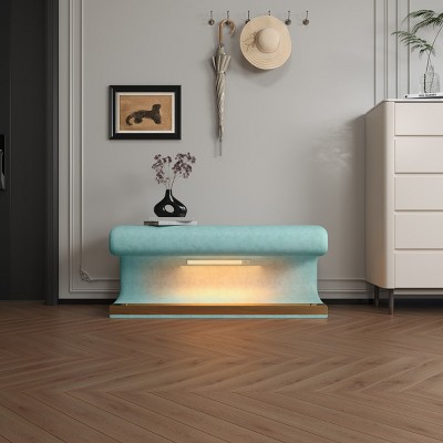 Small Entryway Shoe Bench, Faux Leather Upholstered Ottoman Bench with LED Sensor Light, Bench Seating for Living Room, Bedroom-Cuddlewood