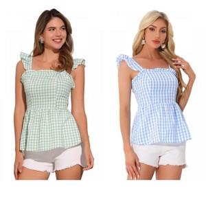 INSPIRE CHIC Women's Summer Square Neck Sleeveless Plaid Gingham Peplum Top 2 Packs - 1 of 4