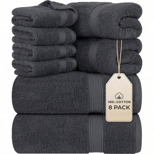 8 Piece Premium Towel Set, 600 GSM 100 Ring Spun Cotton, Grey, Towels Measuring 27 X 54 Hand Towels of 16 By 28 Washcloths of 12 X 12 - 1 of 4