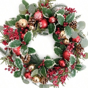 20 Inch Winter Green Wreath for Front Door with Holly Berries Red and Gold Balls Eucalyptus Pinecones Xmas Home Decor - 1 of 4