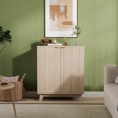 Garvee 31.5" Fluted Natural Buffet Sideboard Cabinet with Adjustable Shelves and Gold Metal Handles ¨C Oak