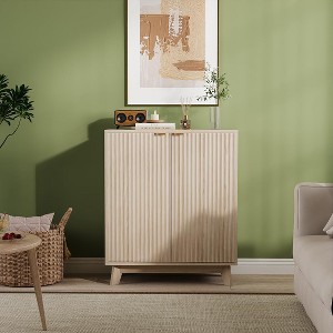 Garvee 31.5" Fluted Natural Buffet Sideboard Cabinet with Adjustable Shelves and Gold Metal Handles ¨C Oak - 1 of 4