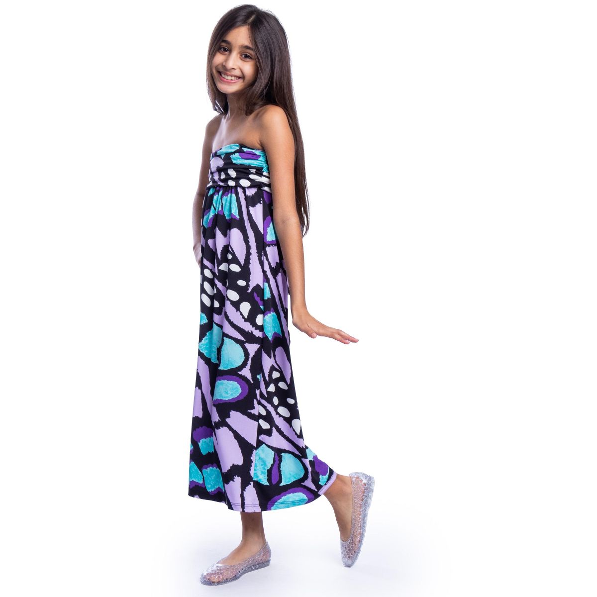 24seven Comfort Apparel Girls Purple Butterfly Print Strapless Tube Maxi Dress - thumbnail 2