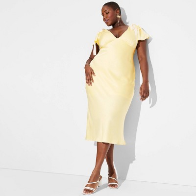 Women's Flutter Short Sleeve Maxi A-Line Dress - Wild Fable™ Light Yellow 1X: V Neck, Knit, Pullover, Double-Stitched Seam