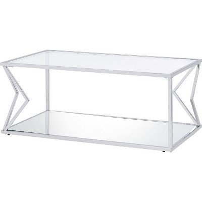 Coffee Table with Glass Top and Bottom Shelf and Geometric Accent Silver - Benzara