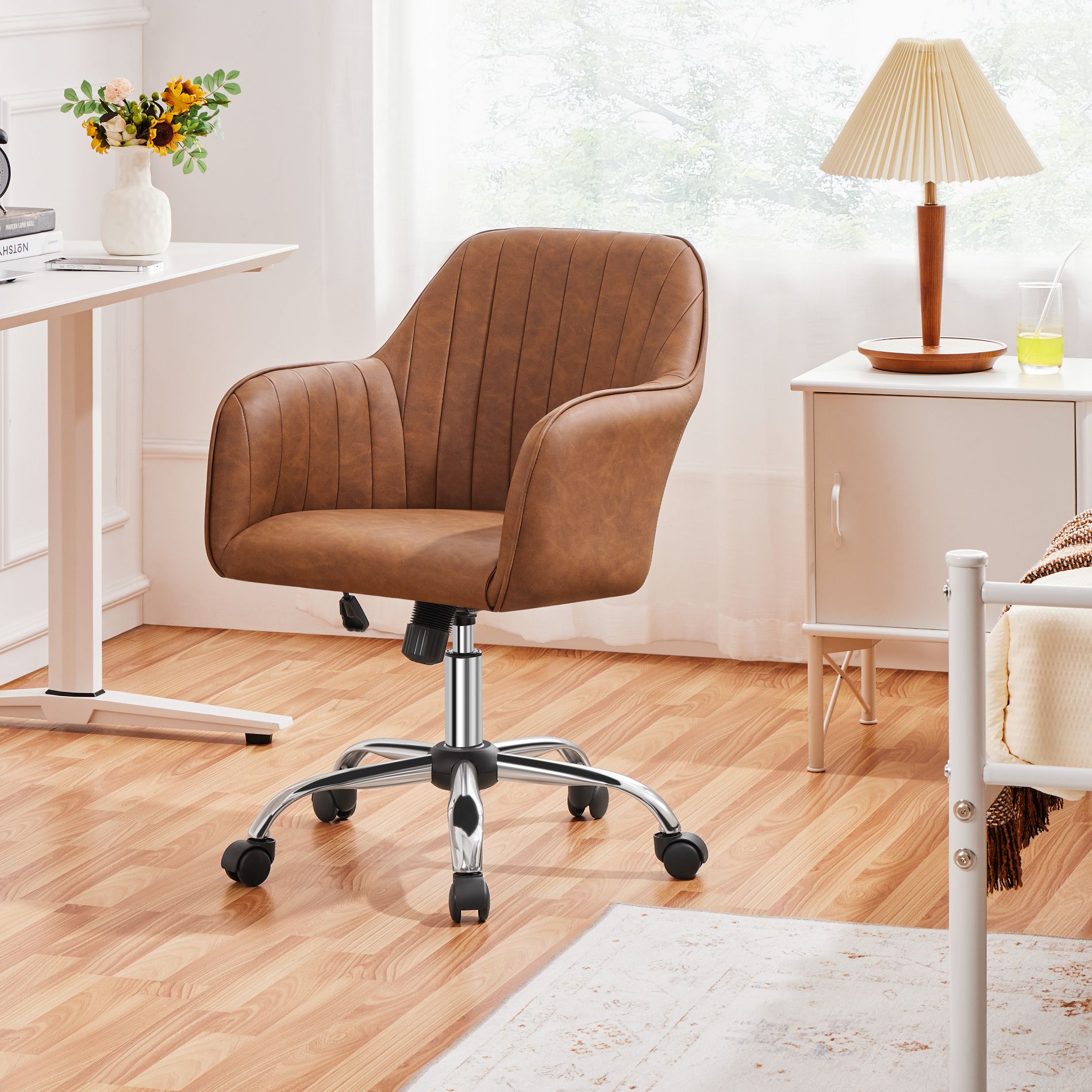 Yaheetech Modern Faux Leather Desk Chair, 360° Swivel Height Adjustable Upholstered Computer Chair for Home Office Study, Retro Brown
