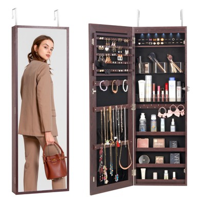 VEVOR Mirror Jewelry Cabinet, 42.52-Inch Tall Lockable Jewelry Cabinet Armoire with Full-Length Mirror, Wall or Door Mounted Jewelry Mirror, Brown