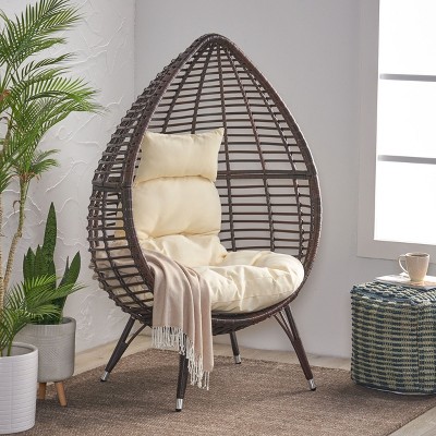 Okak Modern PE Wicker Patio Egg Chair Rattan Accent Chairs with Comfy Upholstery Outdoor&Indoor,Teardrop-Shaped Accent Chair for Porch&Backyard