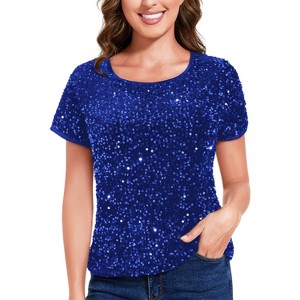 Anna-Kaci Women's Short Sleeve Crew Neck All-Over Sequin Embellished Top Stylish Sparkling Blouse - 1 of 4