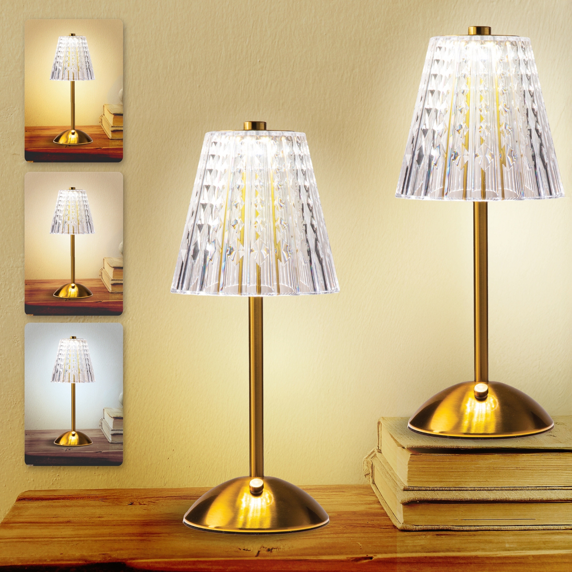 Bell + Howell Addison Cordless Rechargeable Table Lamp 2‑Pack Gold Base Faux Crystal Shade Touch LED