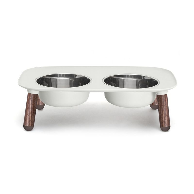Messy Mutts Light Gray Elevated Double Feeder with Stainless Steel Bowls and Faux Wooden Legs, 1 of 2