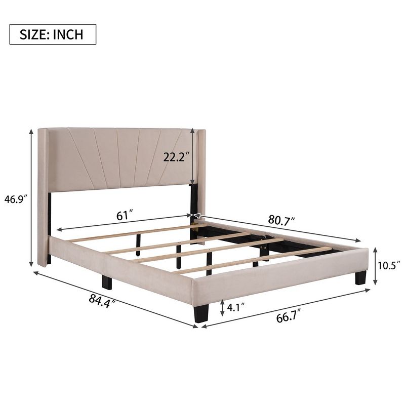 Queen Upholstered Bed Frame, Queen Platform Bed With 4 Wooden Slats Support, Square Headboard, Up To 500lbs Support, 3 of 8