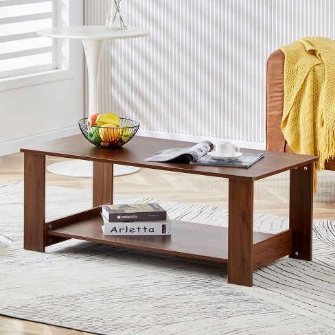 Modern Minimalist Rectangular Coffee Table With Double Layer, Walnut ...