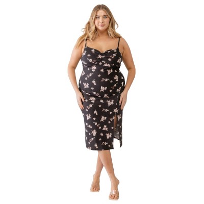 Slickblue Floral Print Plus Ribbed Midi Dress with Side Slit and Ruched Neckline, Black, Size 1XL-3XL