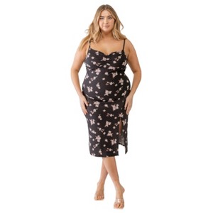 Slickblue Floral Print Plus Ribbed Midi Dress with Side Slit and Ruched Neckline, Black, Size 1XL-3XL - 1 of 4