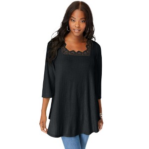 Roaman's Women's Plus Size Squareneck Pointelle Top - 1 of 4