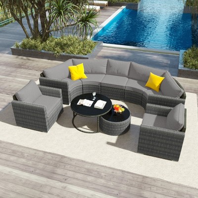 Whisen Modern Style Outdoor Half-moon Patio Sofa Set, 9-Pieces Round Sofa Set