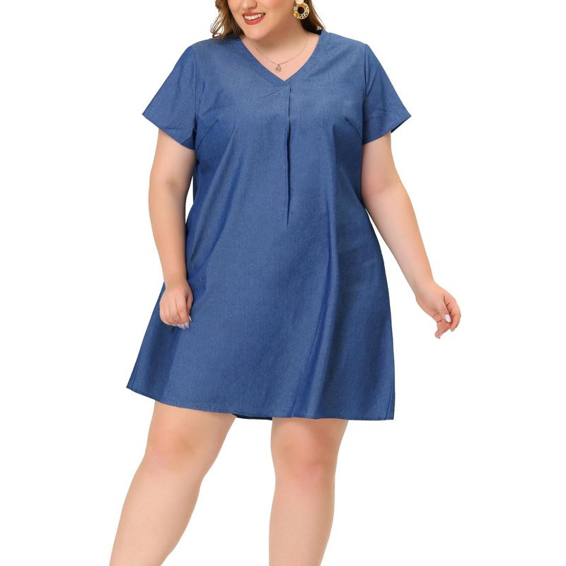 Agnes Orinda Women's Plus Size Solid Pleat Short Sleeve V Neck Chambray A Line Dresses, 1 of 7