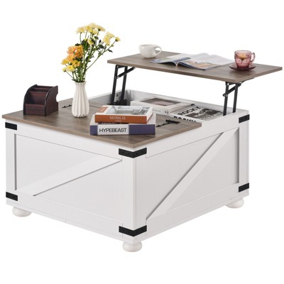 VEVOR 31.5" Farmhouse Coffee Table, Hinged Lift Top Coffee Square Table with Storage Compartment, Wooden Rustic Cocktail Table, Gray & White
