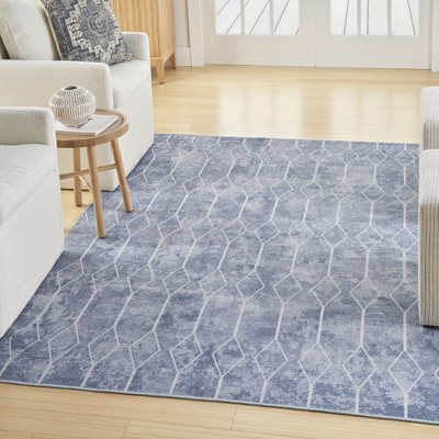 Blue Geometric Cotton Chenille 6' x 9' Washable Rug