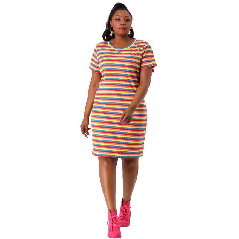 Agnes Orinda Women's Plus Size Rainbow Striped Curvy Fit Casual Shirt Dresses, 4 of 8