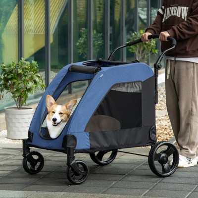 Blue Foldable Pet Stroller with Storage Basket for Medium Dogs