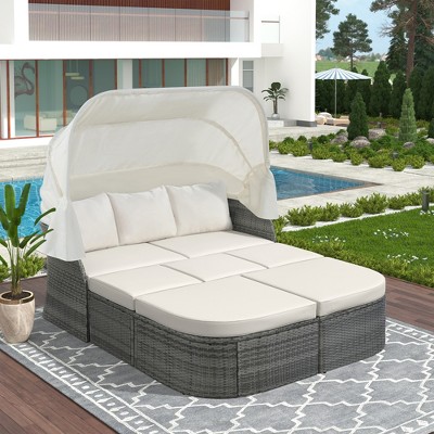 Patio Pe Rattan Daybed Sunbed With Retractable Canopy-modernluxe : Target