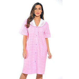Dreamcrest Womens Short Sleeve Duster, Seersucker Gingham Housecoat/Women Sleepwear Embroidered Snap Front Nightgown - 1 of 1