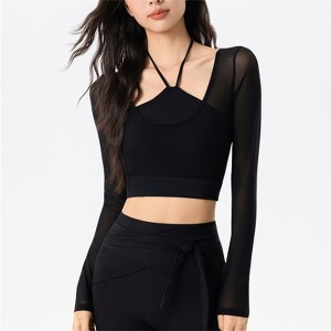 Clotth Women's Yoga Tops - Long Sleeve Mesh Fake TwoPieces Style, Fixed Cup Short Halter Neck Sports Bra, One-Piece Crop Top, Fitness Top - 1 of 4