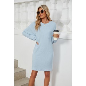 Womens Dress Round Neck Pocket Detail Loose Fit Long Sleeve Casual Dress - 1 of 4
