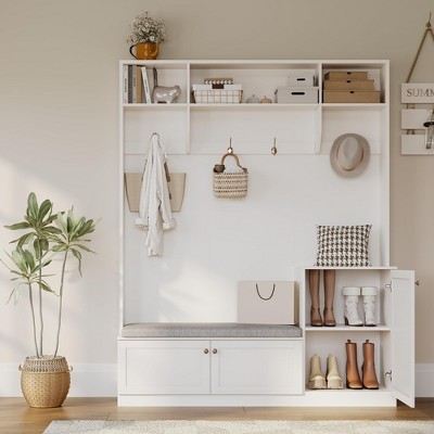 79 in Hall Tree 5-in-1 Modern Entryway Bench with Coat Rack & Storage, Hall Tree with 4 Hanging Hooks