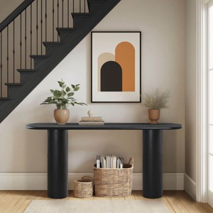 60" Narrow Console Table,Modern Wood Console Table With Double Pedstal,Grain Paper Console Table for Entryway,Living Room-Tanpinhause - 1 of 4