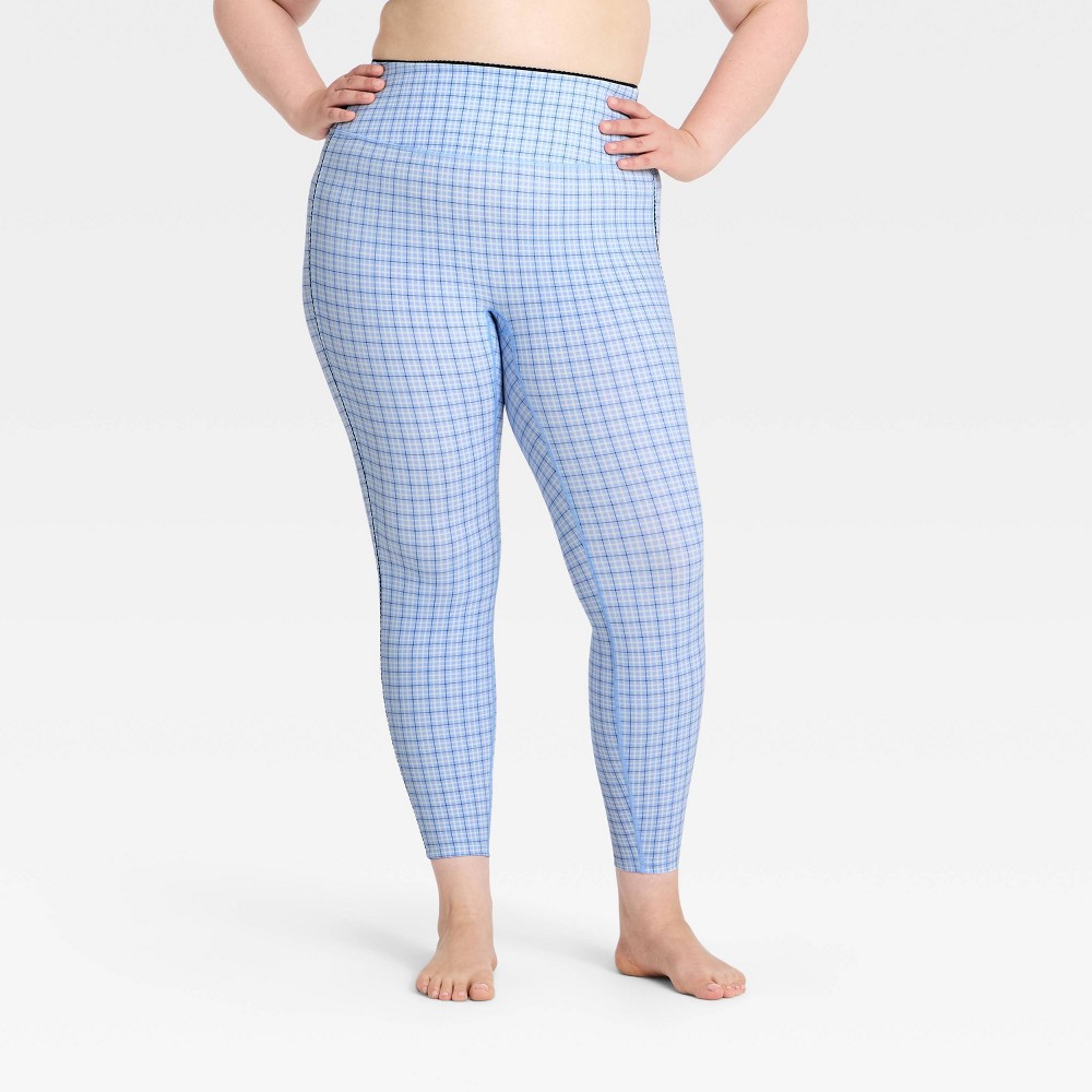 Women's Everyday Soft High-Rise 7/8 Leggings - All In Motion™ Light Blue Plaid 1X