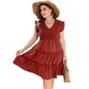 Plus Size Sleeveless Summer Dress for Women Ruffle Smocked Dress V Neck Babydoll Dress - 1 of 4