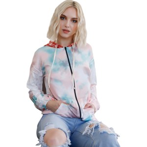 Slickblue Women's Zip-Up Hoodie with Feather and Tie-Dye Print, Plaid Hood Detail, Sage Pink, Size S-L - 1 of 4