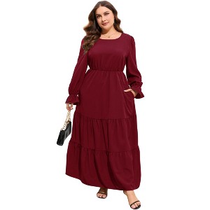Plus Size Casual Dress for Women Long Sleeve Round Neck Dress Double Layer Hem Comfortable Maxi Dress with Pockets - 1 of 4