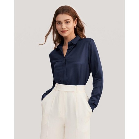 Lilysilk Women's Basic Concealed Placket Silk Shirt - Navy Blue,xlarge :  Target