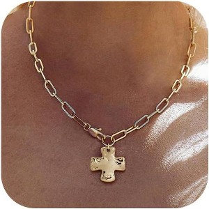 Layered Chunky Cross Necklace 14K Gold Silver Non Tarnish Statement Jewelry - 1 of 4
