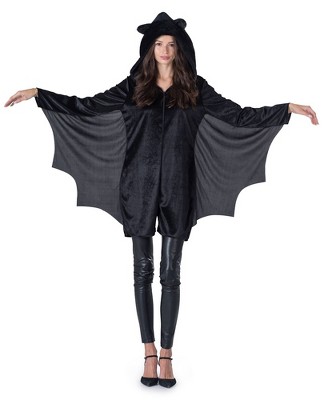 Kids Bat Costume - Black Velour Jumpsuit With Attached Wings & Hood, Halloween Or Dress-Up Play