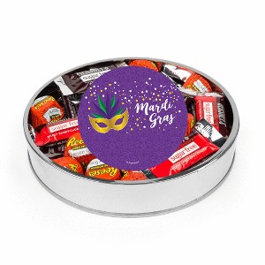 Mardi Gras Sugar Free Candy Gift Tin Large Plastic Tin with Sticker and Hershey's Chocolate & Reese's Mix - By Just Candy - 1 of 1