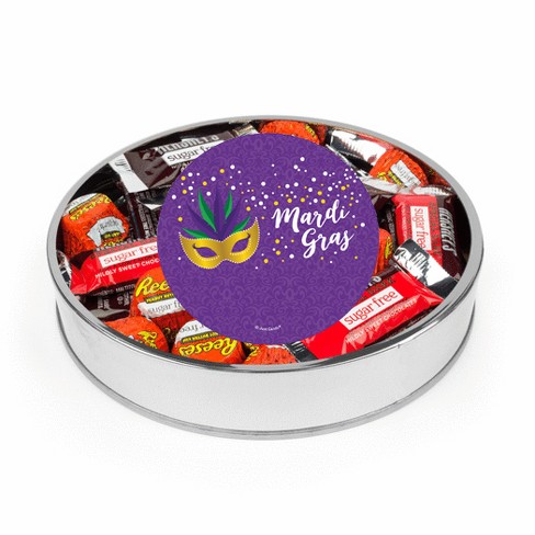 Mardi Gras Sugar Free Candy Gift Tin Large Plastic Tin with Sticker and Hershey's Chocolate & Reese's Mix - By Just Candy - image 1 of 1