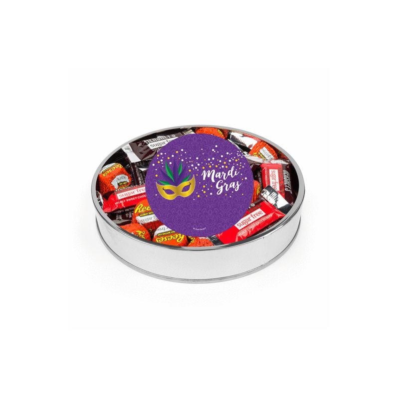 Mardi Gras Sugar Free Candy Gift Tin Large Plastic Tin with Sticker and Hershey's Chocolate & Reese's Mix - By Just Candy, 1 of 2