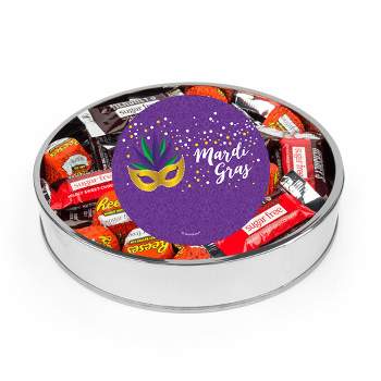 Mardi Gras Sugar Free Candy Gift Tin Large Plastic Tin with Sticker and Hershey's Chocolate & Reese's Mix - By Just Candy