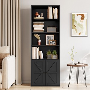 71.4in Tall Farmhouse Bookcase with Doors 11.8in Depth Display Storage Shelves Industrial Bookshelf Wooden 6 Shelf Bookshelves for Living Room - 1 of 4