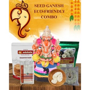 Shastha Clay Color Simahasanam Seed Ganesha 9 Inch,Erukkam Poo, Poonal , White Cloth , Maddur Vade , Kozhukattai Flour For chaturthi - 1 of 4