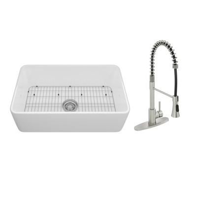 33-inch Fireclay Single Bowl Farmhouse Apron Kitchen Sink with Spring Pull Faucet All-in-one Kit