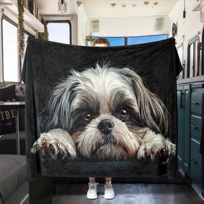 Adorable Shih Tzu Dog Pattern Blanket, Soft All Season Polyester Flannel Throw for RV, Office Chair, Christmas Gift Decor.