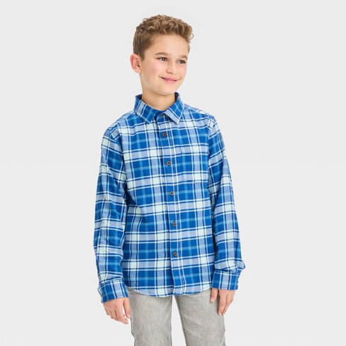 Boys' Long Sleeve Plaid Flannel Button-Down Shirt - Cat & Jack™ Blue XS